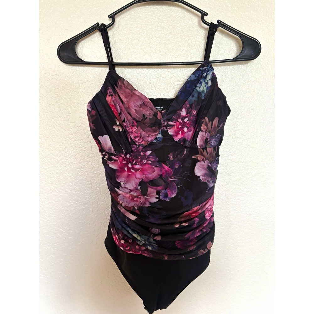 Express Women's M Black/Pink/Purple Floral Ruched Bodysuit